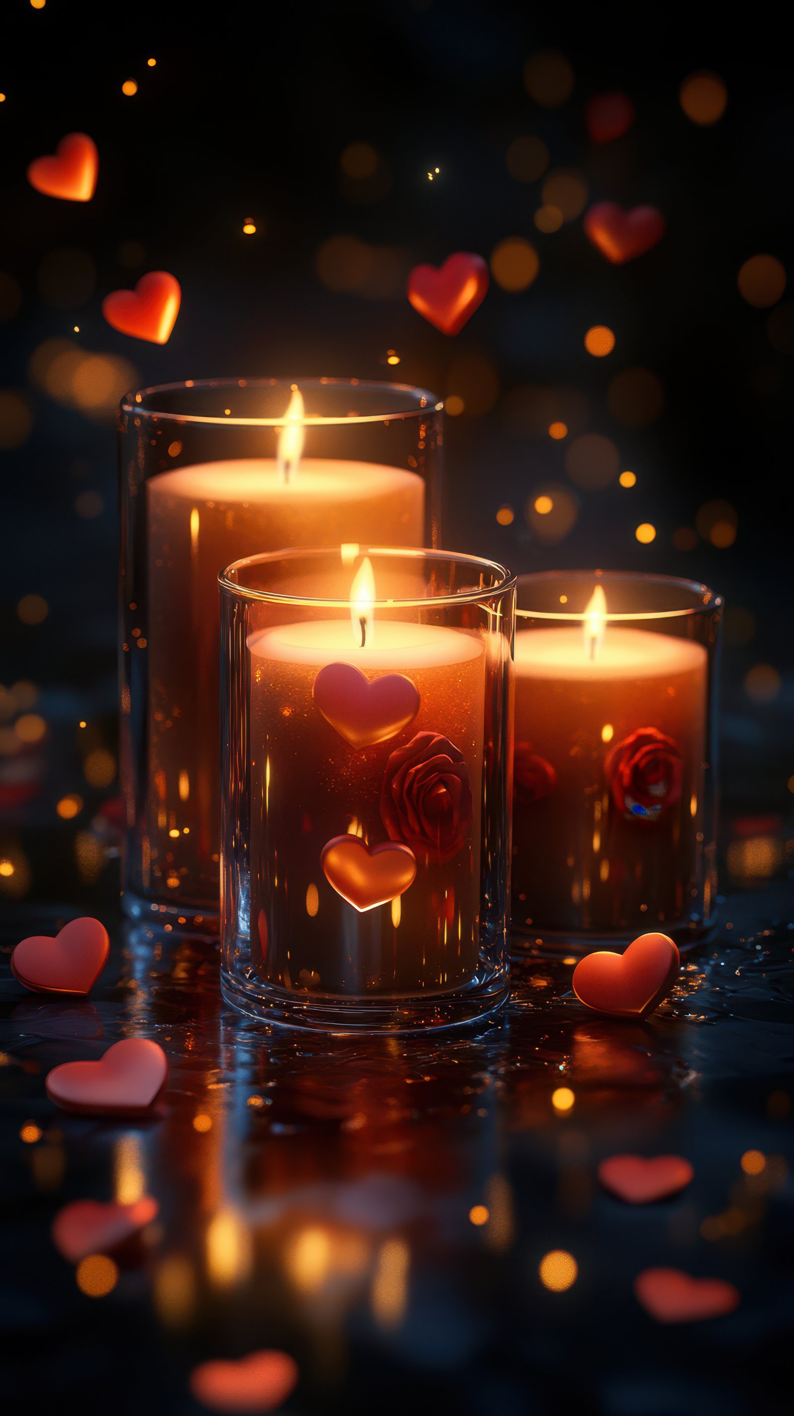 Romantic candlelight arrangement with hearts and rose decorations creating a warm ambiance for a special occasion
